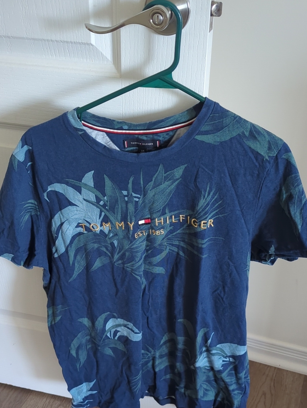 VTG Tommy Hilfiger Men’s Palm Print Logo T-Shirt Large Blue Y2K